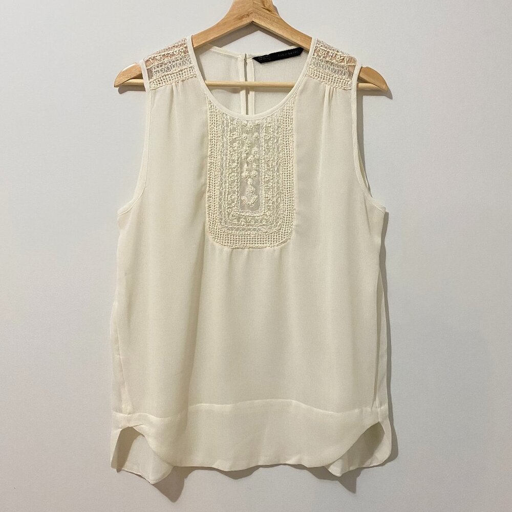 NWOT Zara Sheer Ivory White Tank Top Blouse with Open Work Bead Embroidery Boho